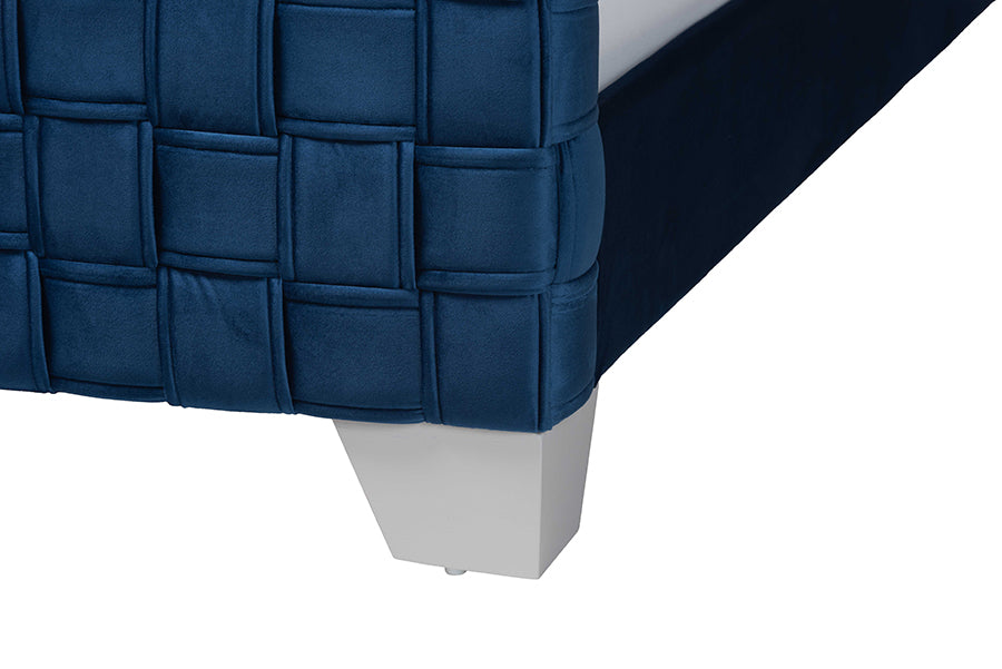 Baxton Studio Emlyn Glam and Luxe Navy Blue Velvet Fabric Queen Size Panel Bed FredCo