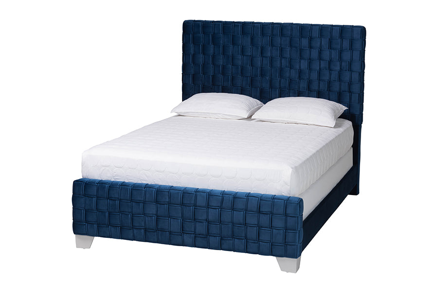 Baxton Studio Emlyn Glam and Luxe Navy Blue Velvet Fabric Queen Size Panel Bed FredCo
