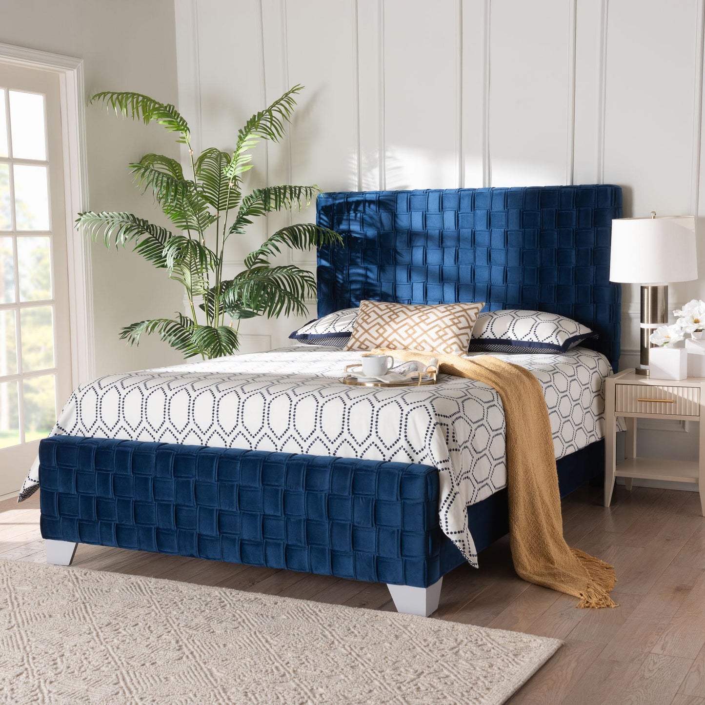 Baxton Studio Emlyn Glam and Luxe Navy Blue Velvet Fabric Queen Size Panel Bed FredCo