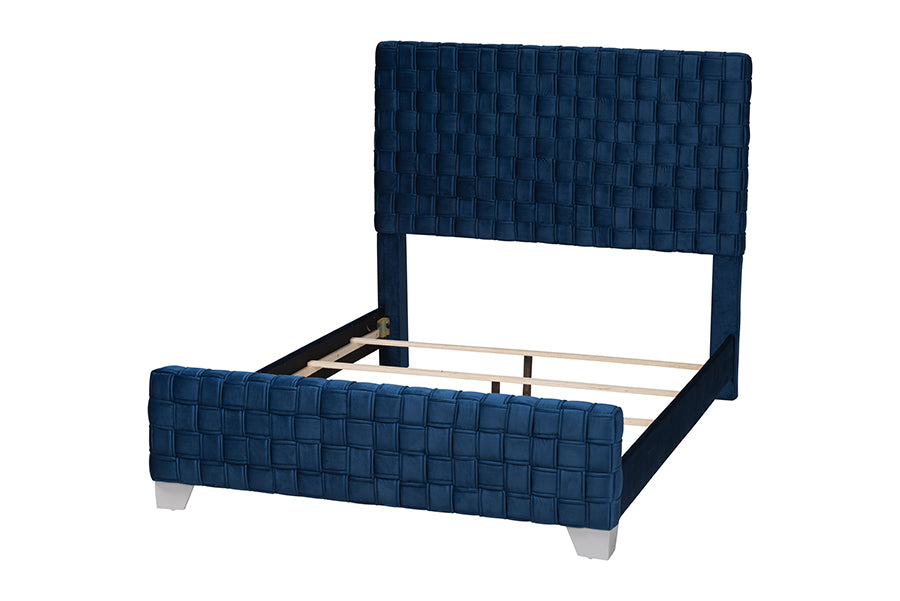 Baxton Studio Emlyn Glam and Luxe Navy Blue Velvet Fabric Queen Size Panel Bed FredCo