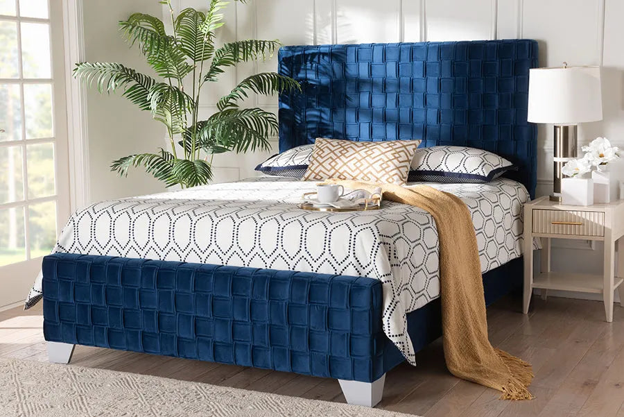 Baxton Studio Emlyn Glam and Luxe Navy Blue Velvet Fabric Queen Size Panel Bed FredCo