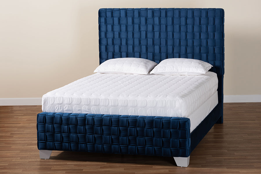 Baxton Studio Emlyn Glam and Luxe Navy Blue Velvet Fabric Queen Size Panel Bed FredCo