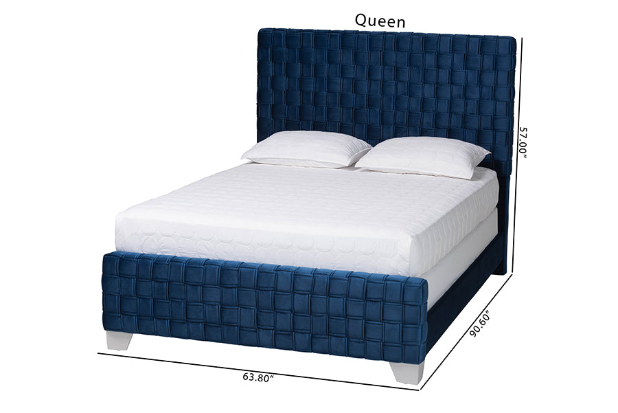Baxton Studio Emlyn Glam and Luxe Navy Blue Velvet Fabric Queen Size Panel Bed FredCo
