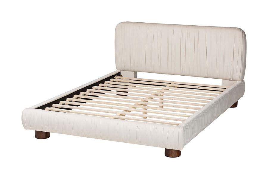 Baxton Studio Emsley Luxe Ivory Pleated Velvet Queen Size Platform Bed FredCo