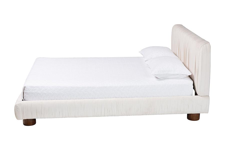 Baxton Studio Emsley Luxe Ivory Pleated Velvet Queen Size Platform Bed FredCo