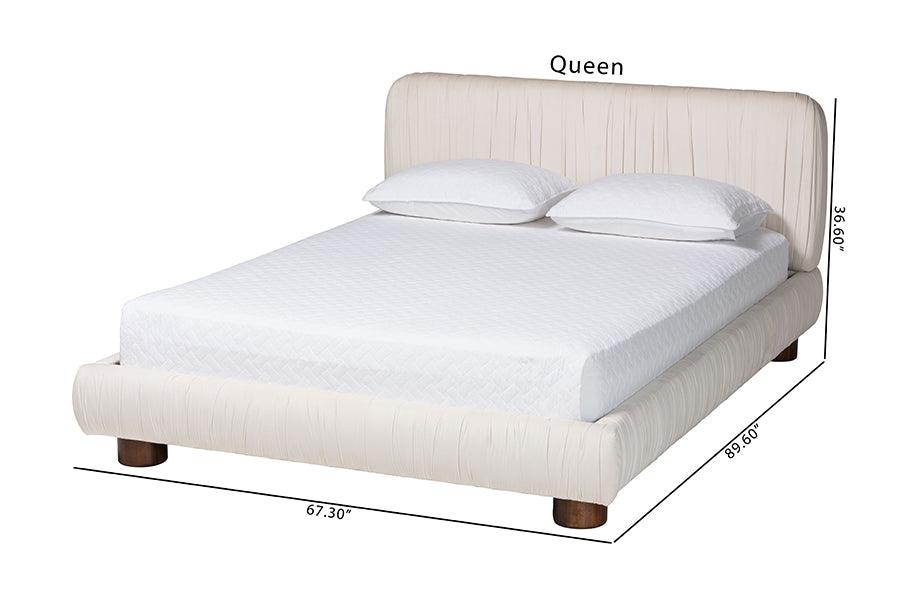 Baxton Studio Emsley Luxe Ivory Pleated Velvet Queen Size Platform Bed FredCo