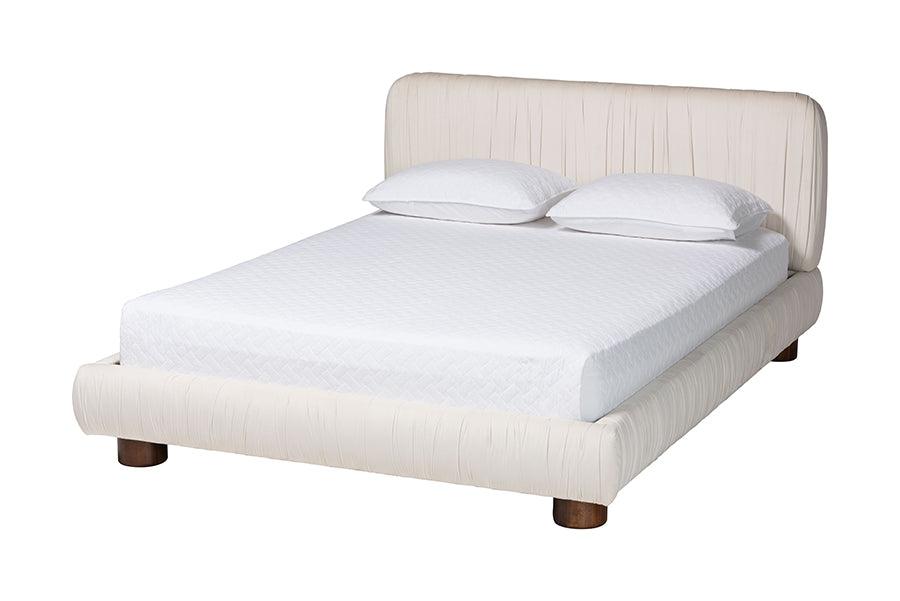 Baxton Studio Emsley Luxe Ivory Pleated Velvet Queen Size Platform Bed FredCo