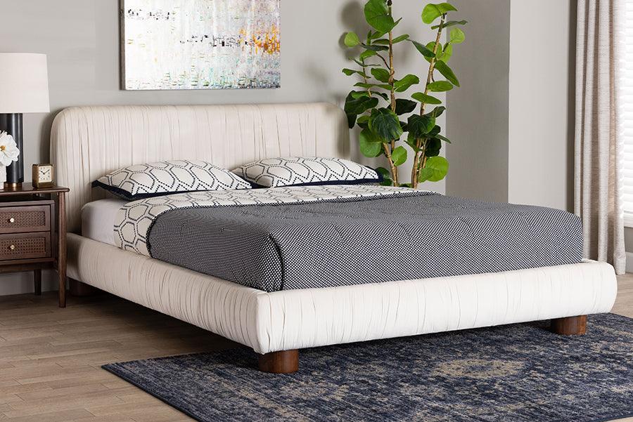 Baxton Studio Emsley Luxe Ivory Pleated Velvet Queen Size Platform Bed FredCo