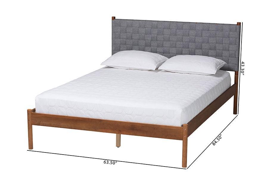 Baxton Studio Estela Mid-Century Modern Grey Woven Fabric and Walnut Brown Wood Queen Size Platform Bed FredCo