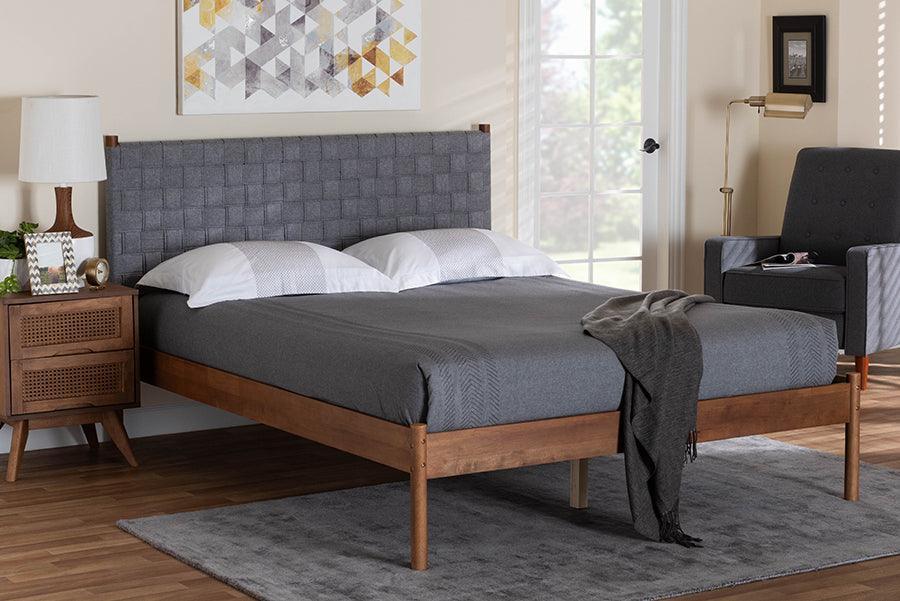 Baxton Studio Estela Mid-Century Modern Grey Woven Fabric and Walnut Brown Wood Queen Size Platform Bed FredCo