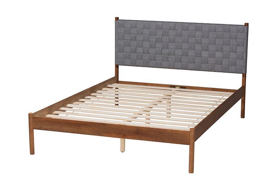 Baxton Studio Estela Mid-Century Modern Grey Woven Fabric and Walnut Brown Wood Queen Size Platform Bed FredCo