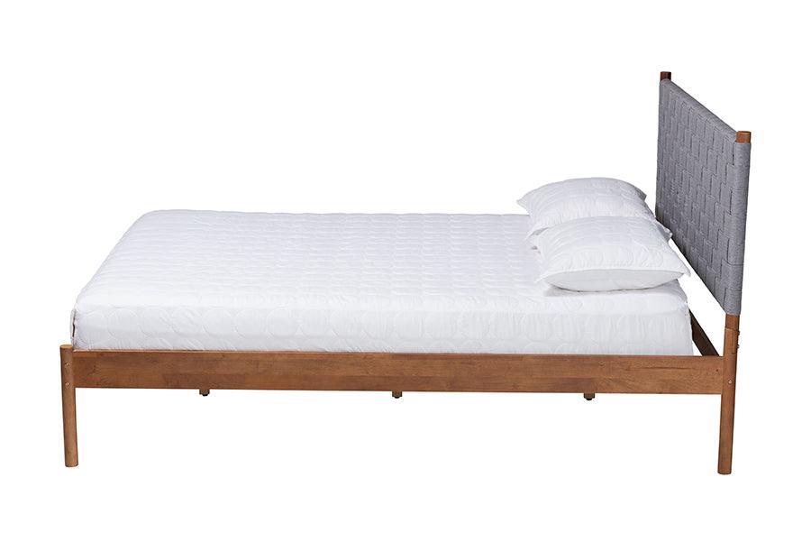 Baxton Studio Estela Mid-Century Modern Grey Woven Fabric and Walnut Brown Wood Queen Size Platform Bed FredCo