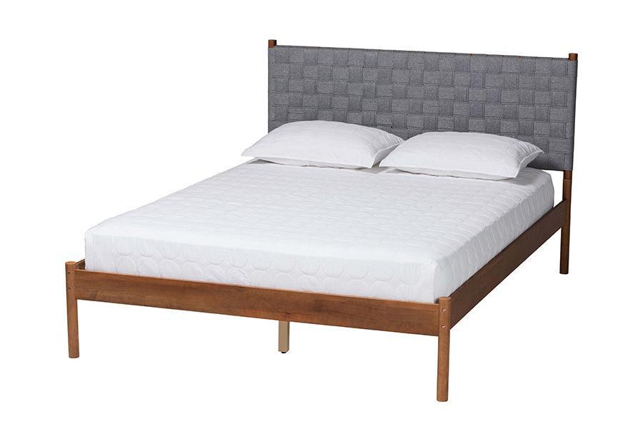 Baxton Studio Estela Mid-Century Modern Grey Woven Fabric and Walnut Brown Wood Queen Size Platform Bed FredCo