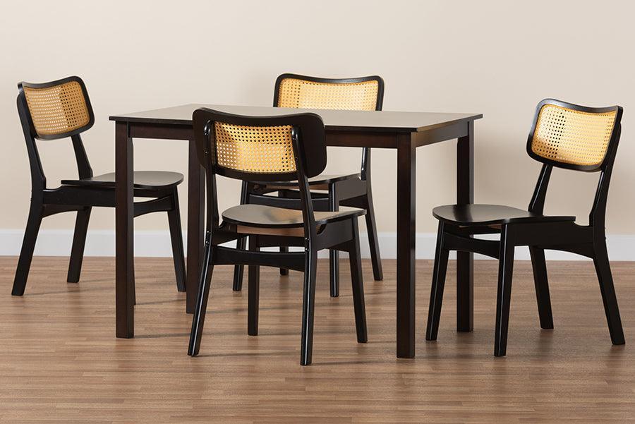 Baxton Studio Estera Mid-Century Modern Dark Brown Finished Wood and Rattan 5-Piece Dining Set FredCo