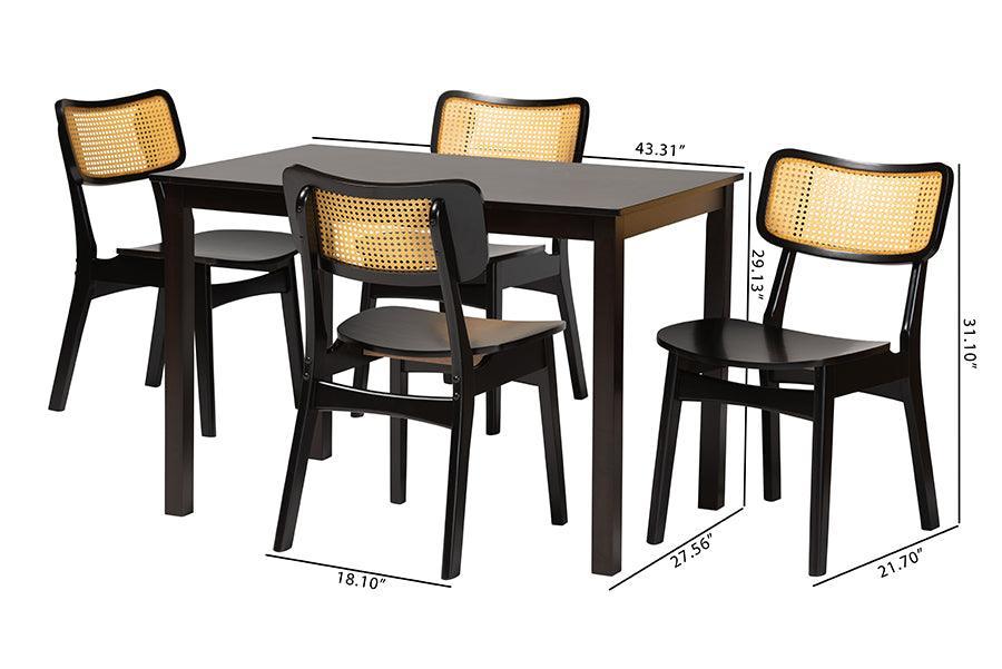 Baxton Studio Estera Mid-Century Modern Dark Brown Finished Wood and Rattan 5-Piece Dining Set FredCo