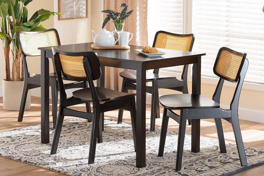 Baxton Studio Estera Mid-Century Modern Dark Brown Finished Wood and Rattan 5-Piece Dining Set FredCo