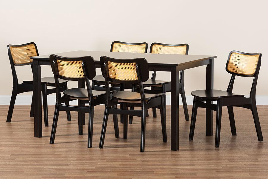 Baxton Studio Estera Mid-Century Modern Dark Brown Finished Wood and Rattan 7-Piece Dining Set FredCo