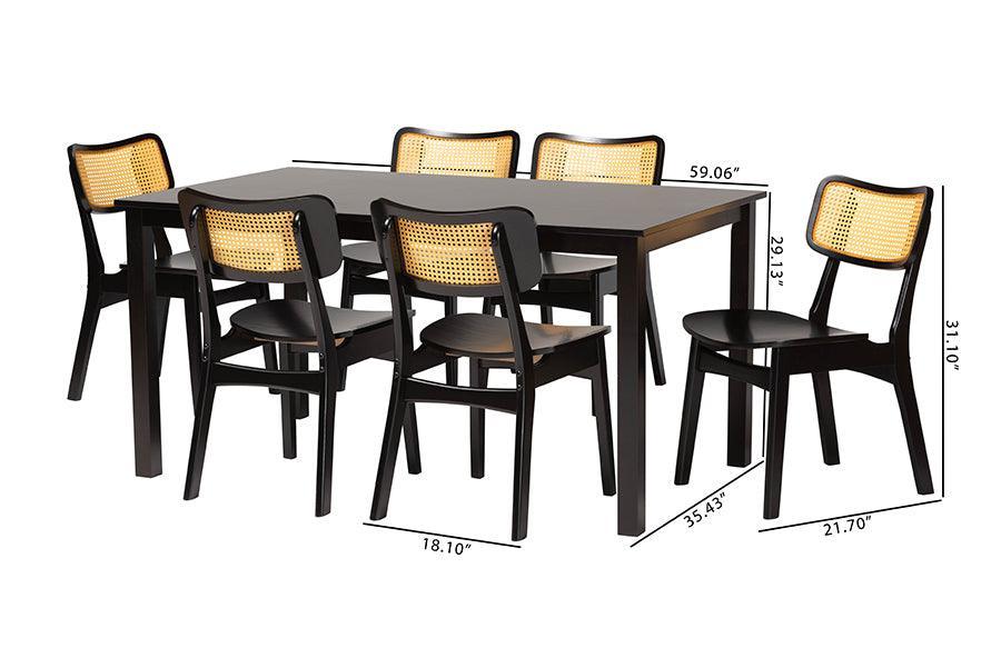 Baxton Studio Estera Mid-Century Modern Dark Brown Finished Wood and Rattan 7-Piece Dining Set FredCo