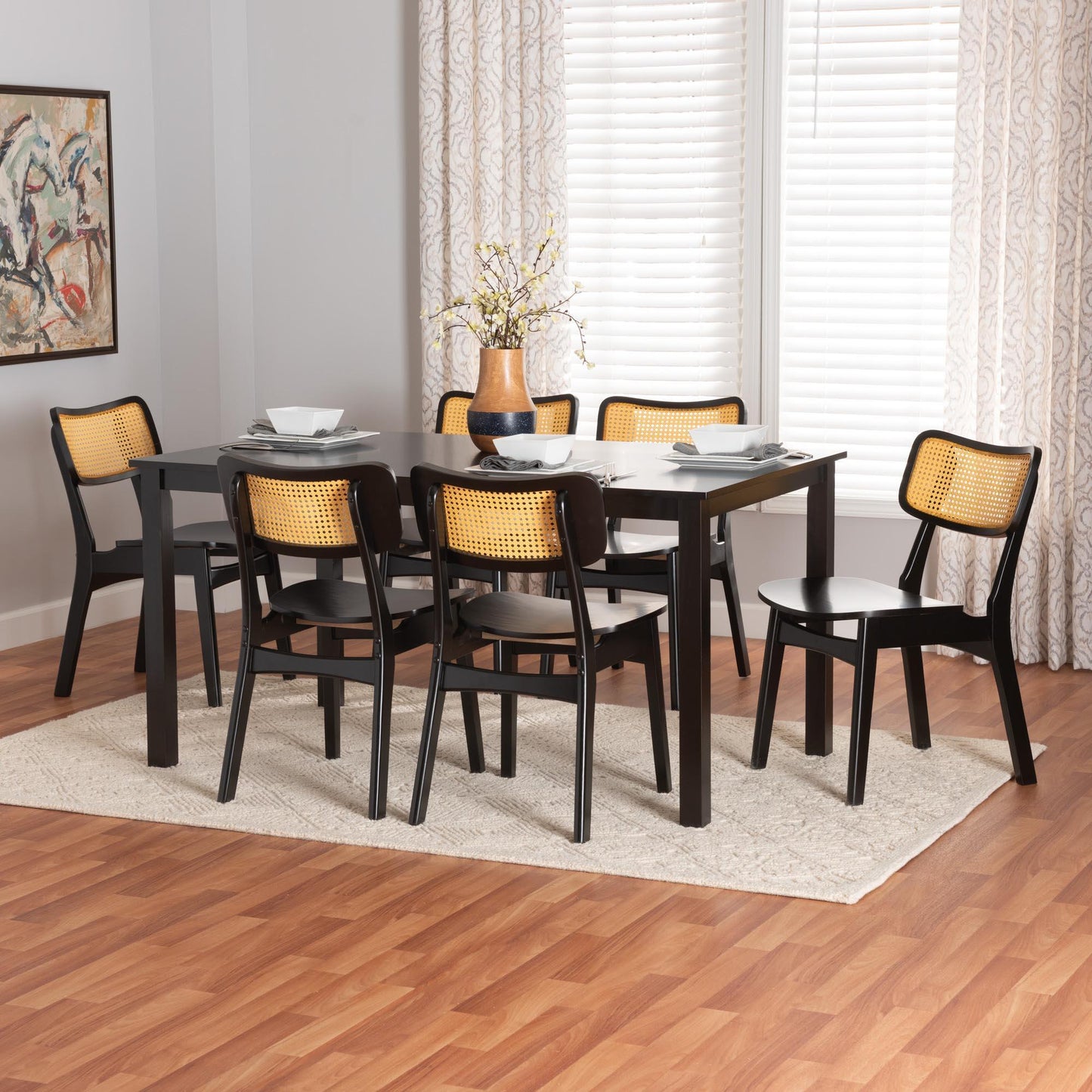 Baxton Studio Estera Mid-Century Modern Dark Brown Finished Wood and Rattan 7-Piece Dining Set FredCo