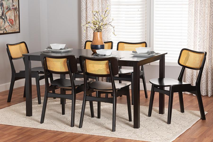 Baxton Studio Estera Mid-Century Modern Dark Brown Finished Wood and Rattan 7-Piece Dining Set FredCo