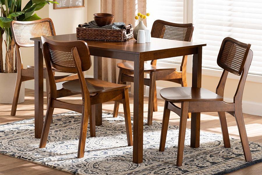 Baxton Studio Estera Mid-Century Modern Walnut Brown Finished Wood and Rattan 5-Piece Dining Set FredCo