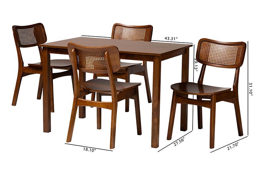 Baxton Studio Estera Mid-Century Modern Walnut Brown Finished Wood and Rattan 5-Piece Dining Set FredCo