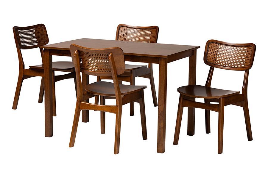 Baxton Studio Estera Mid-Century Modern Walnut Brown Finished Wood and Rattan 5-Piece Dining Set FredCo