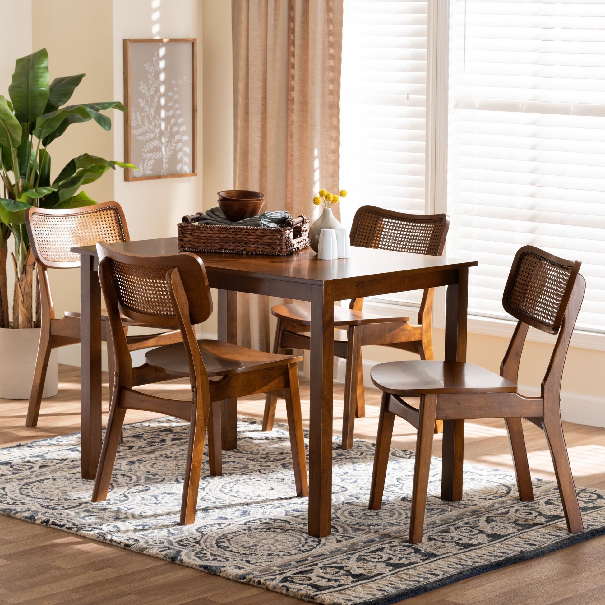 Baxton Studio Estera Mid-Century Modern Walnut Brown Finished Wood and Rattan 5-Piece Dining Set FredCo