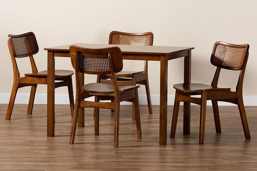 Baxton Studio Estera Mid-Century Modern Walnut Brown Finished Wood and Rattan 5-Piece Dining Set FredCo