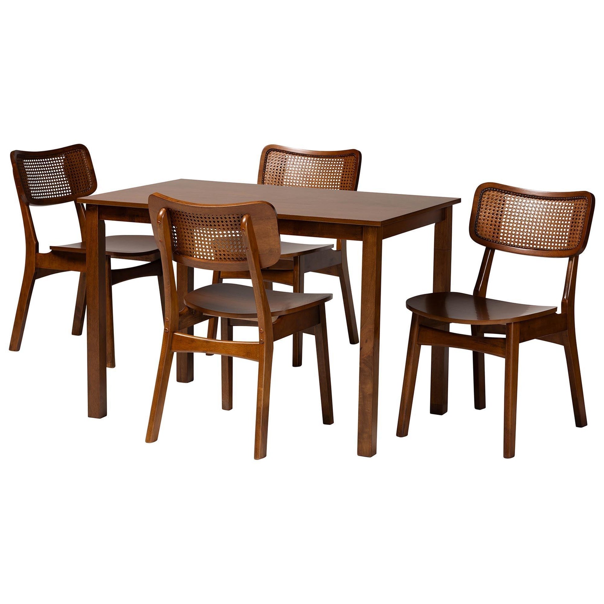 Baxton Studio Estera Mid-Century Modern Walnut Brown Finished Wood and Rattan 5-Piece Dining Set FredCo
