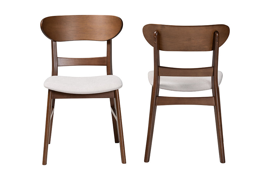Mid-century modern wood dining chairs with white upholstered seats, front and back view.