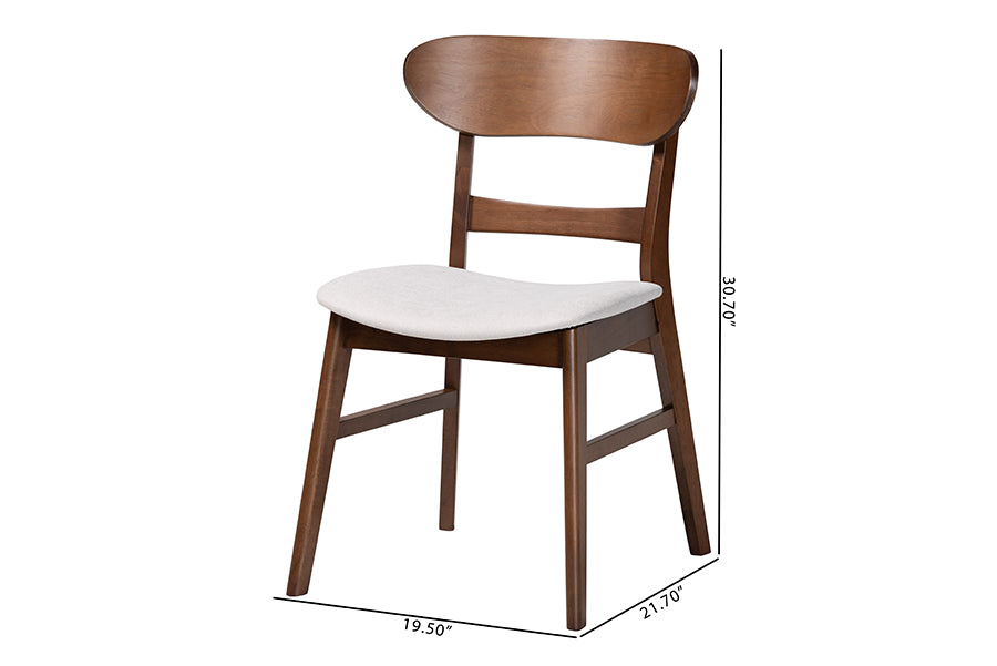 Mid-century modern wooden dining chair with light upholstered seat, dimensions shown