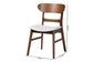 Mid-century modern wooden dining chair with light upholstered seat, dimensions shown