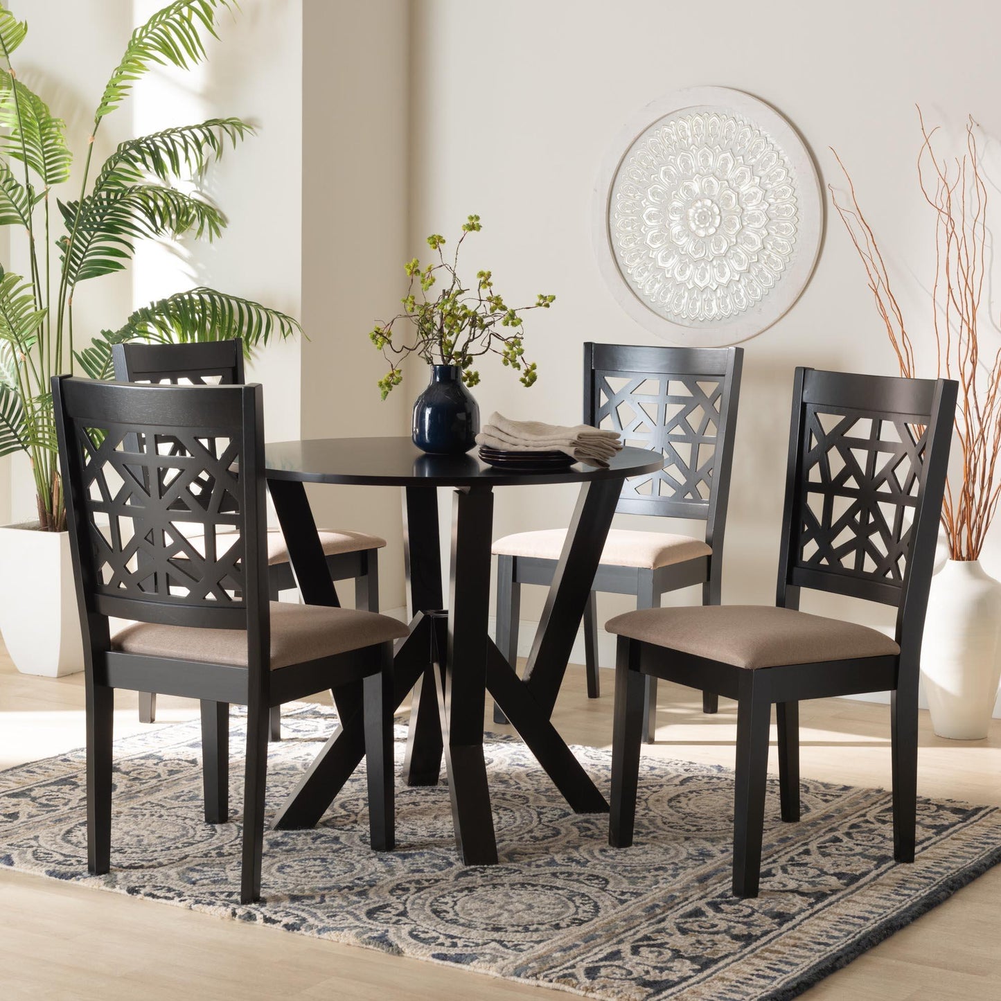 Baxton Studio Felice Modern Beige Fabric and Dark Brown Finished Wood 5-Piece Dining Set FredCo
