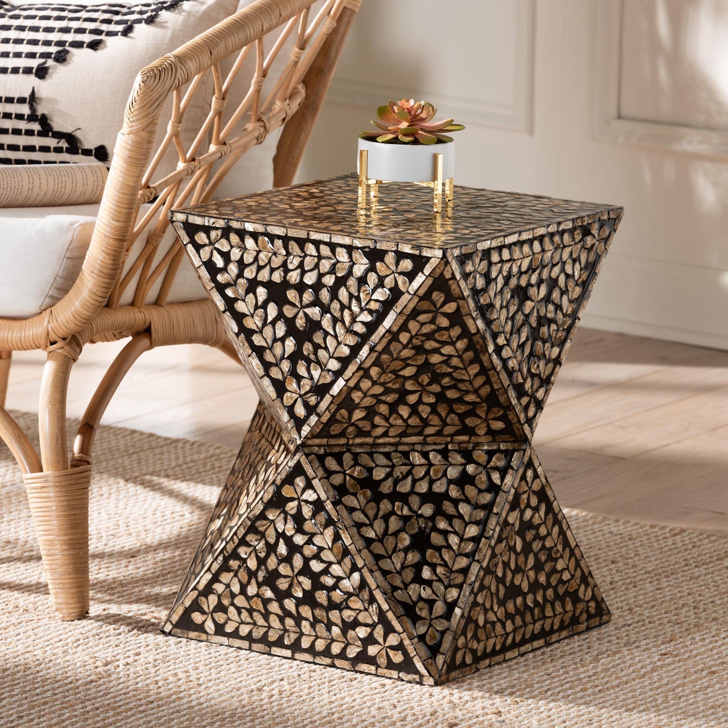 Baxton Studio Feronia Modern Bohemian Black and Bronze Mother of Pearl End Table FredCo