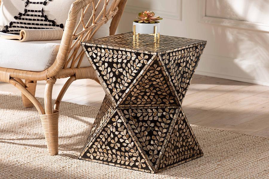 Baxton Studio Feronia Modern Bohemian Black and Bronze Mother of Pearl End Table FredCo