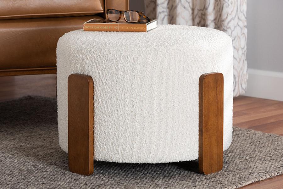 Baxton Studio Finlay Modern Japandi Cream Boucle Fabric and Walnut Brown Finished Wood Ottoman Footstool FredCo