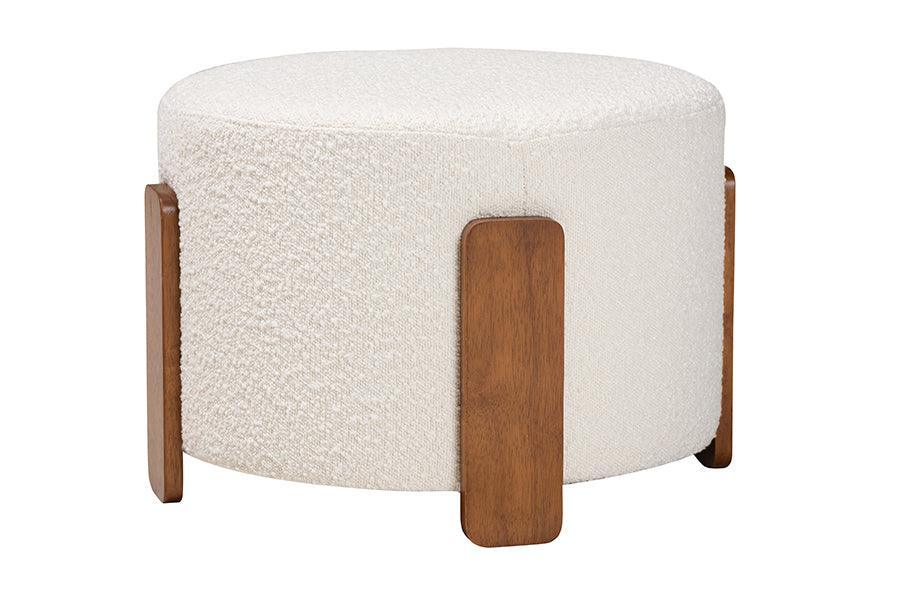 Baxton Studio Finlay Modern Japandi Cream Boucle Fabric and Walnut Brown Finished Wood Ottoman Footstool FredCo