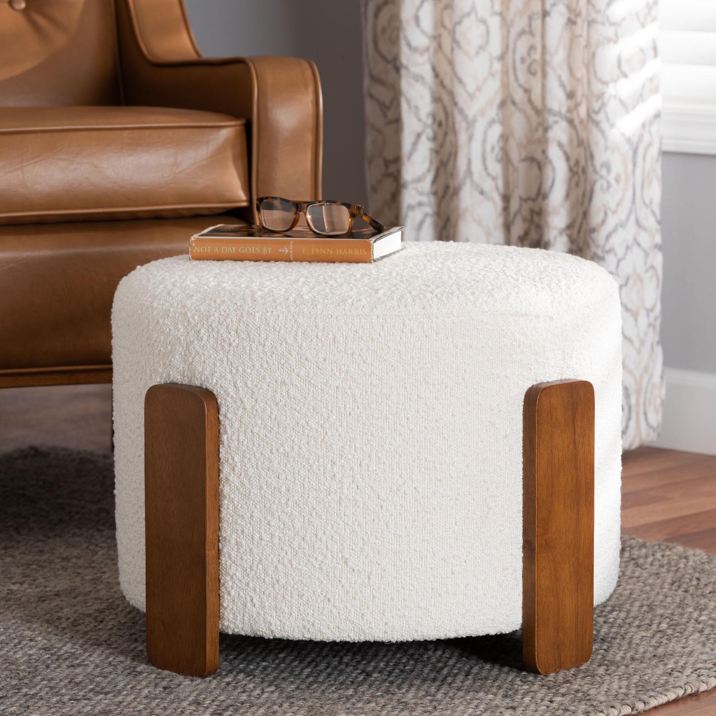 Baxton Studio Finlay Modern Japandi Cream Boucle Fabric and Walnut Brown Finished Wood Ottoman Footstool FredCo