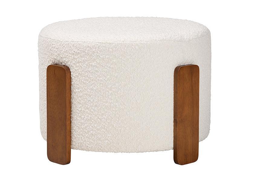 Baxton Studio Finlay Modern Japandi Cream Boucle Fabric and Walnut Brown Finished Wood Ottoman Footstool FredCo