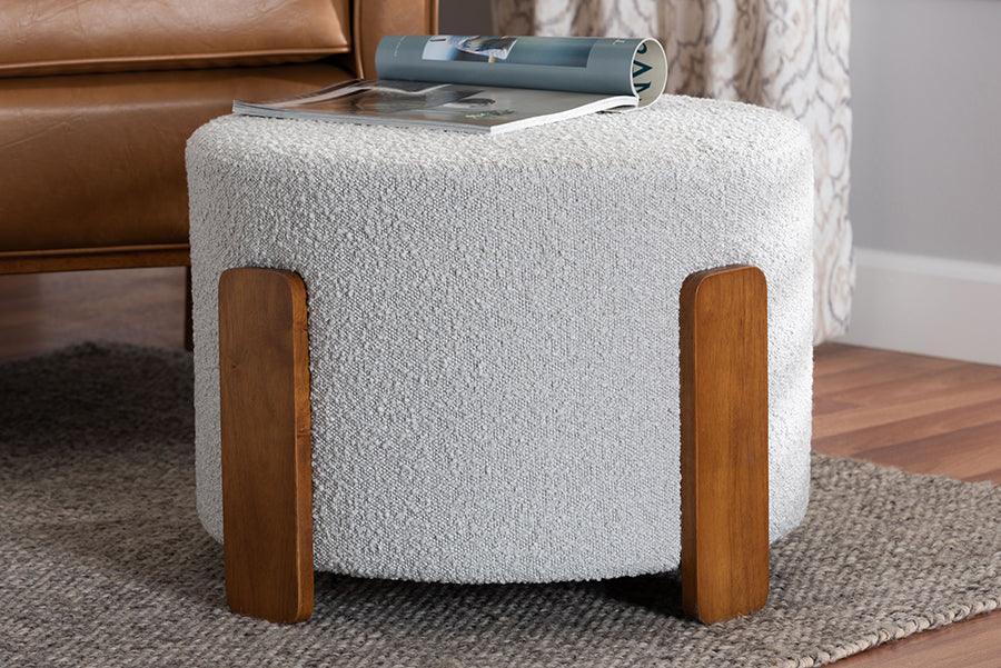 Baxton Studio Finlay Modern Japandi Light Grey Boucle Fabric and Walnut Brown Finished Wood Ottoman Footstool FredCo
