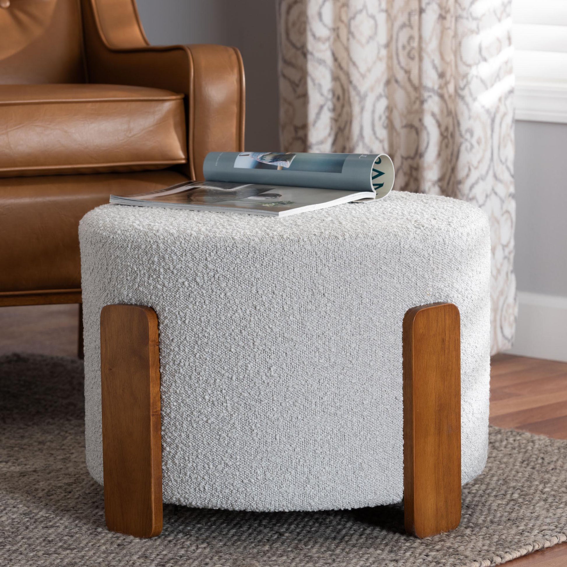 Baxton Studio Finlay Modern Japandi Light Grey Boucle Fabric and Walnut Brown Finished Wood Ottoman Footstool FredCo