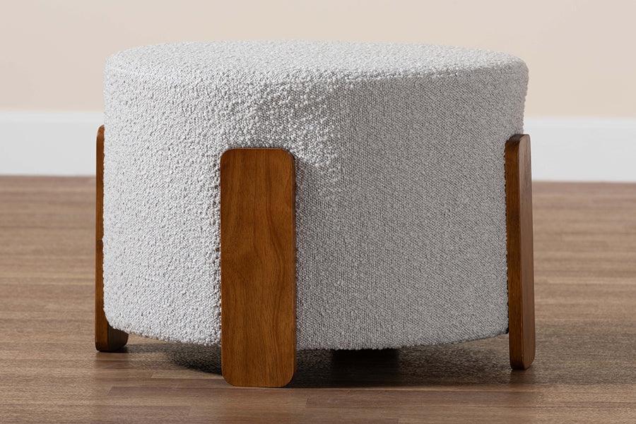 Baxton Studio Finlay Modern Japandi Light Grey Boucle Fabric and Walnut Brown Finished Wood Ottoman Footstool FredCo