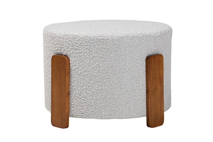 Baxton Studio Finlay Modern Japandi Light Grey Boucle Fabric and Walnut Brown Finished Wood Ottoman Footstool FredCo