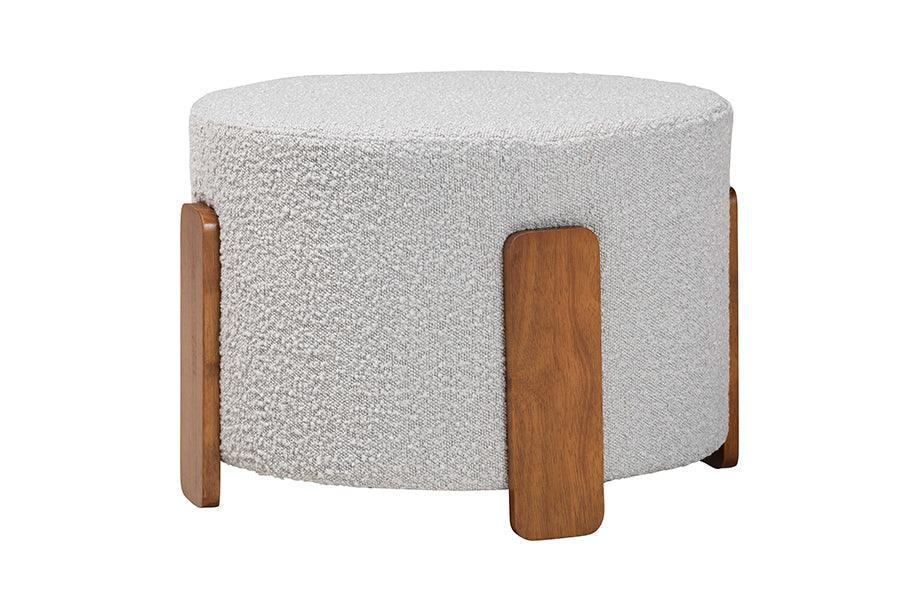Baxton Studio Finlay Modern Japandi Light Grey Boucle Fabric and Walnut Brown Finished Wood Ottoman Footstool FredCo