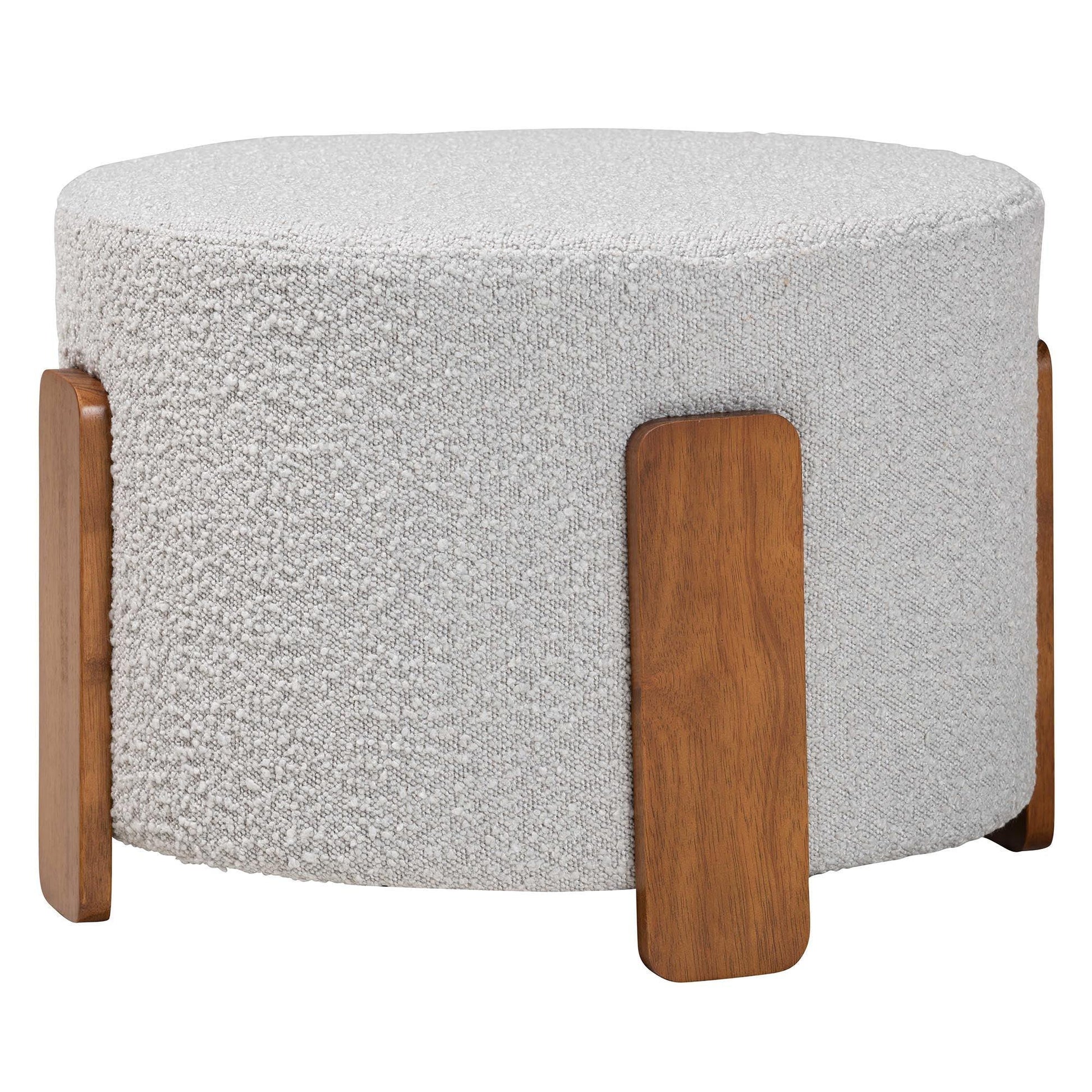 Baxton Studio Finlay Modern Japandi Light Grey Boucle Fabric and Walnut Brown Finished Wood Ottoman Footstool FredCo