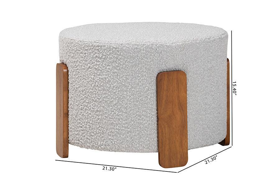 Baxton Studio Finlay Modern Japandi Light Grey Boucle Fabric and Walnut Brown Finished Wood Ottoman Footstool FredCo