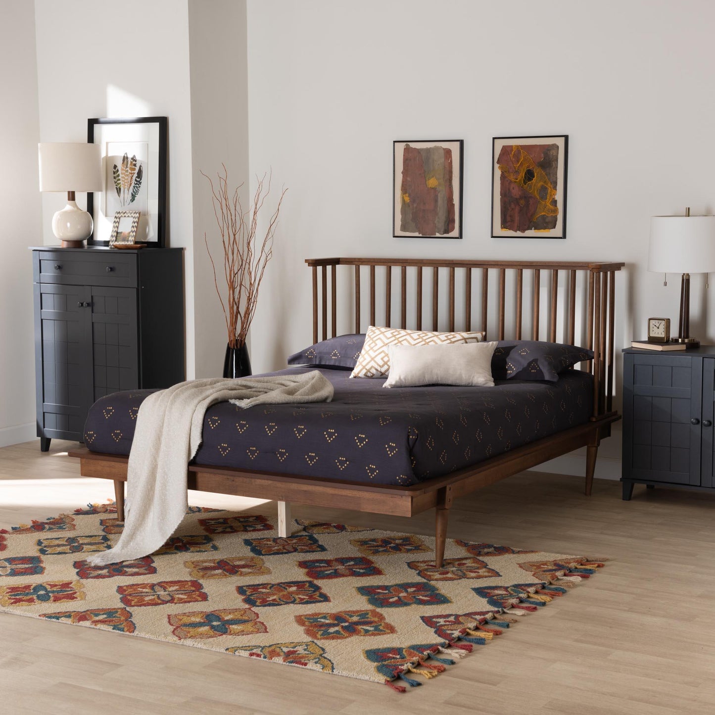 Baxton Studio Flint Mid-Century Modern Ash Walnut Finished Wood Platform Bed FredCo