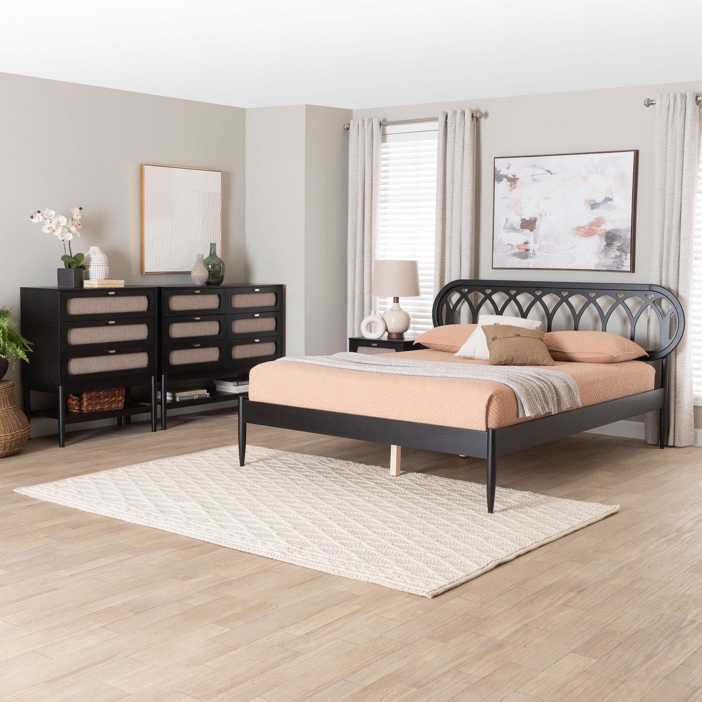 Baxton Studio Florica Art Deco Black Wood Queen 4-Piece Bedroom Set FredCo