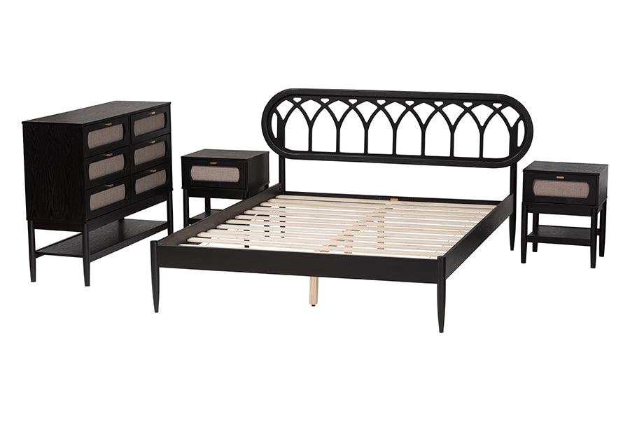 Baxton Studio Florica Art Deco Black Wood Queen 4-Piece Bedroom Set with Two Nightstands FredCo